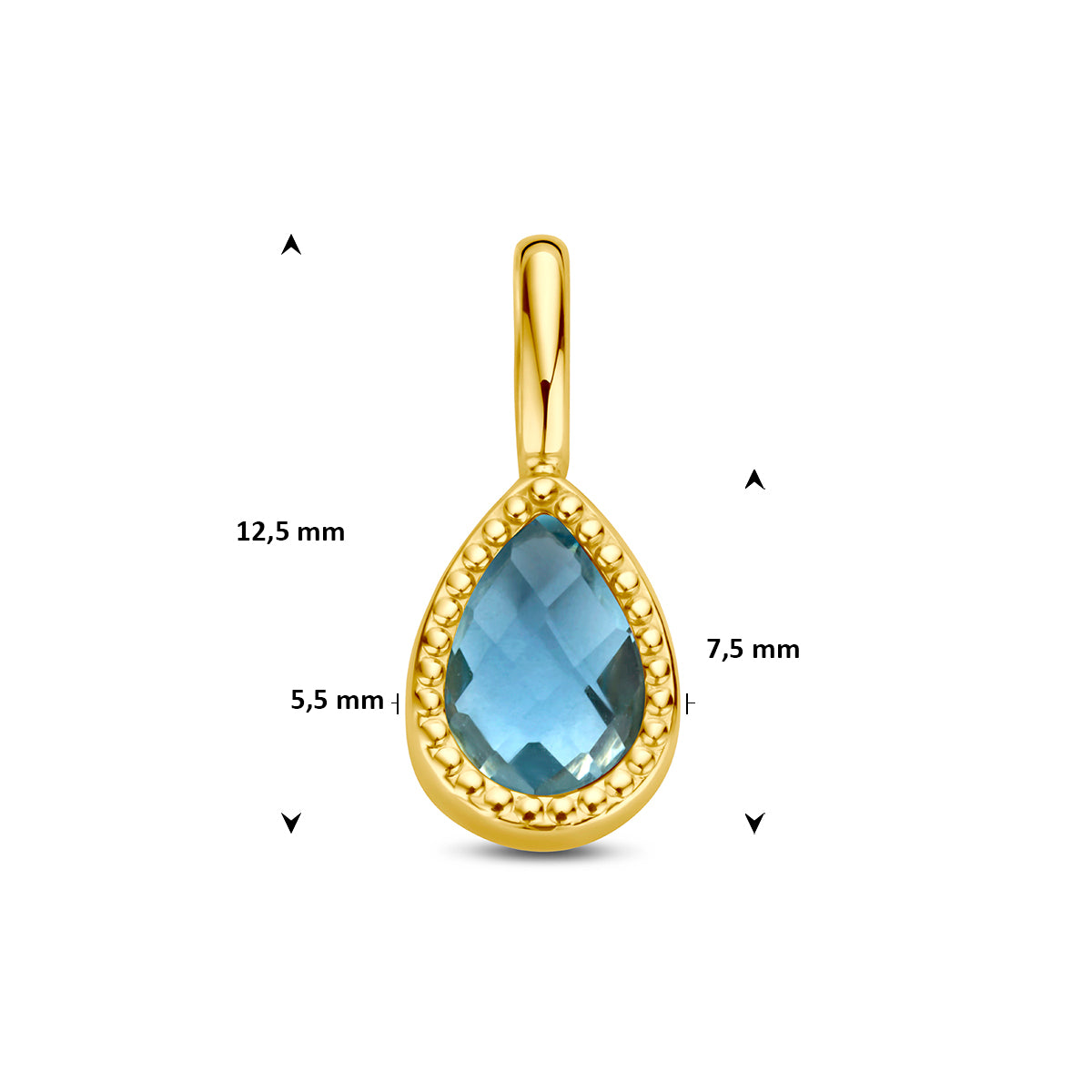 Blauwe topaas: afmetingen van de 9 karaat geelkleurige hanger met blauwe topaas, 12,5 mm hoog inclusief oog en 5,5 mm breed.