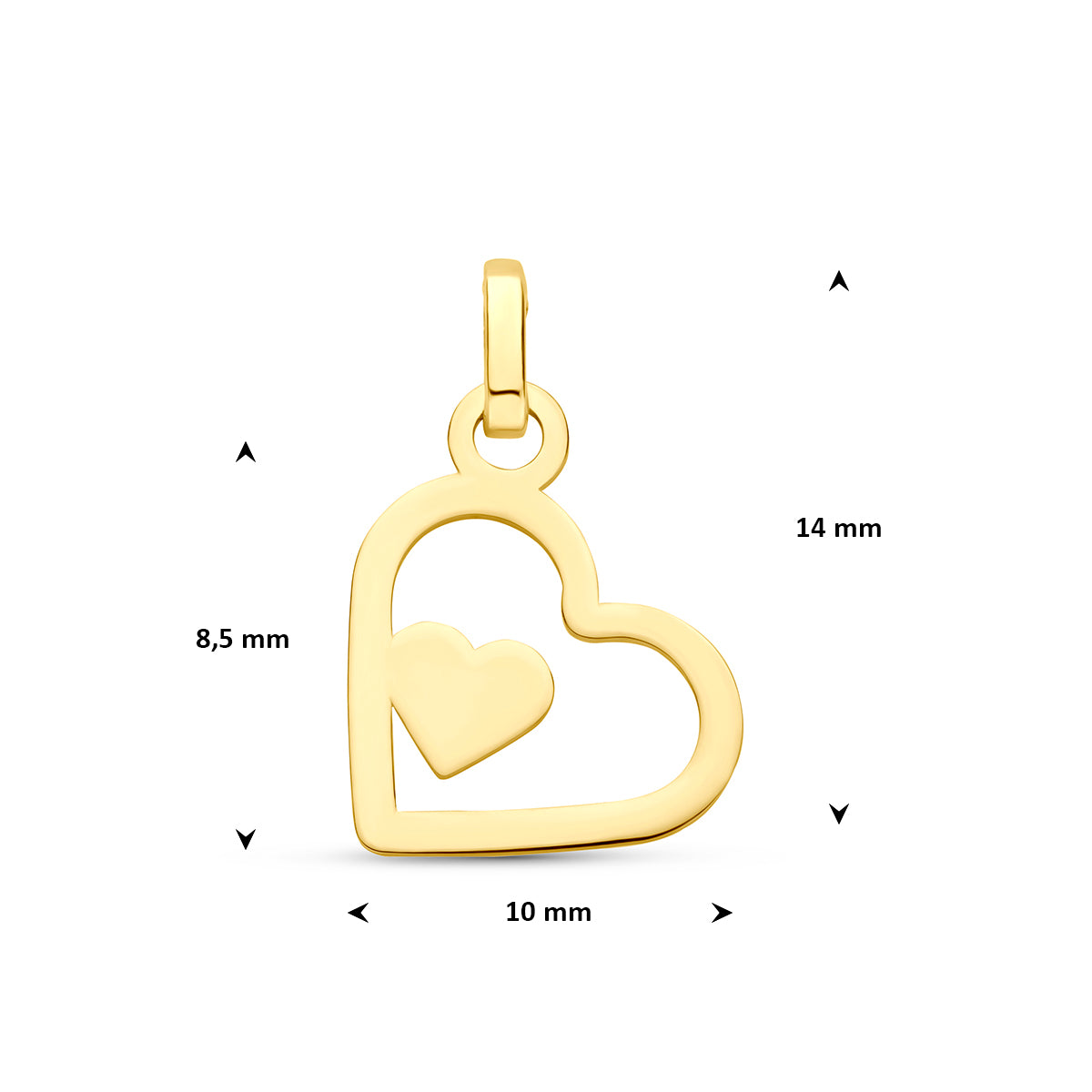 Hanger hartje: afmetingen van de geelkleurige hanger open hart met hartje van 9 karaat, 14 mm hoog inclusief oog en 10 mm breed.