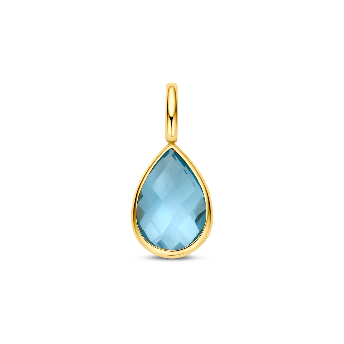 Vooraanzicht van de 9 karaat geelkleurige hanger met peervormige blauwe topaas, 16 mm hoog en 7,5 mm breed.