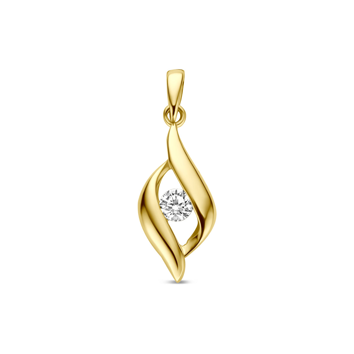 Vooraanzicht van de 9 karaat geelkleurige hanger met zirkonia, 17 mm hoog en 6 mm breed.