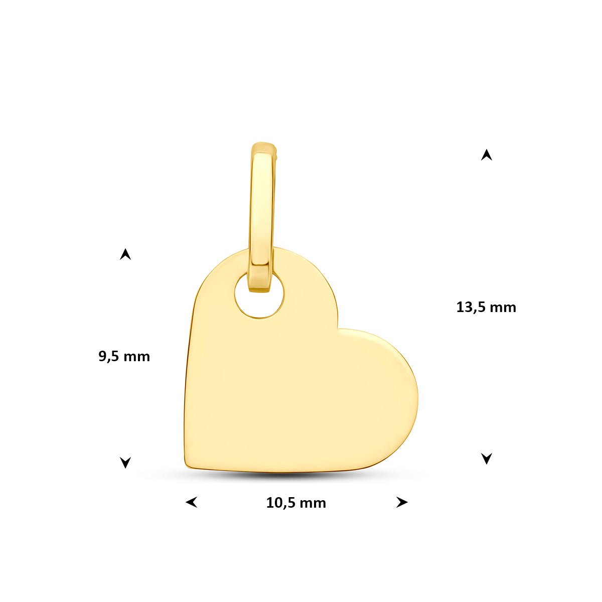 Hartje hanger: afmetingen van de geelkleurige hartje hanger van 9 karaat, 13,5 mm hoog inclusief oog en 10,5 mm breed.