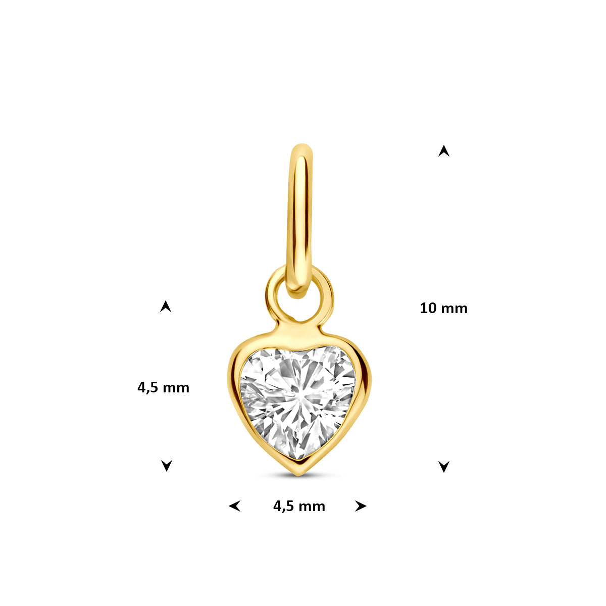 Hartje hanger: afmetingen van de geelkleurige hartje hanger met zirkonia van 9 karaat, 10 mm hoog inclusief oog en 4,5 mm breed.