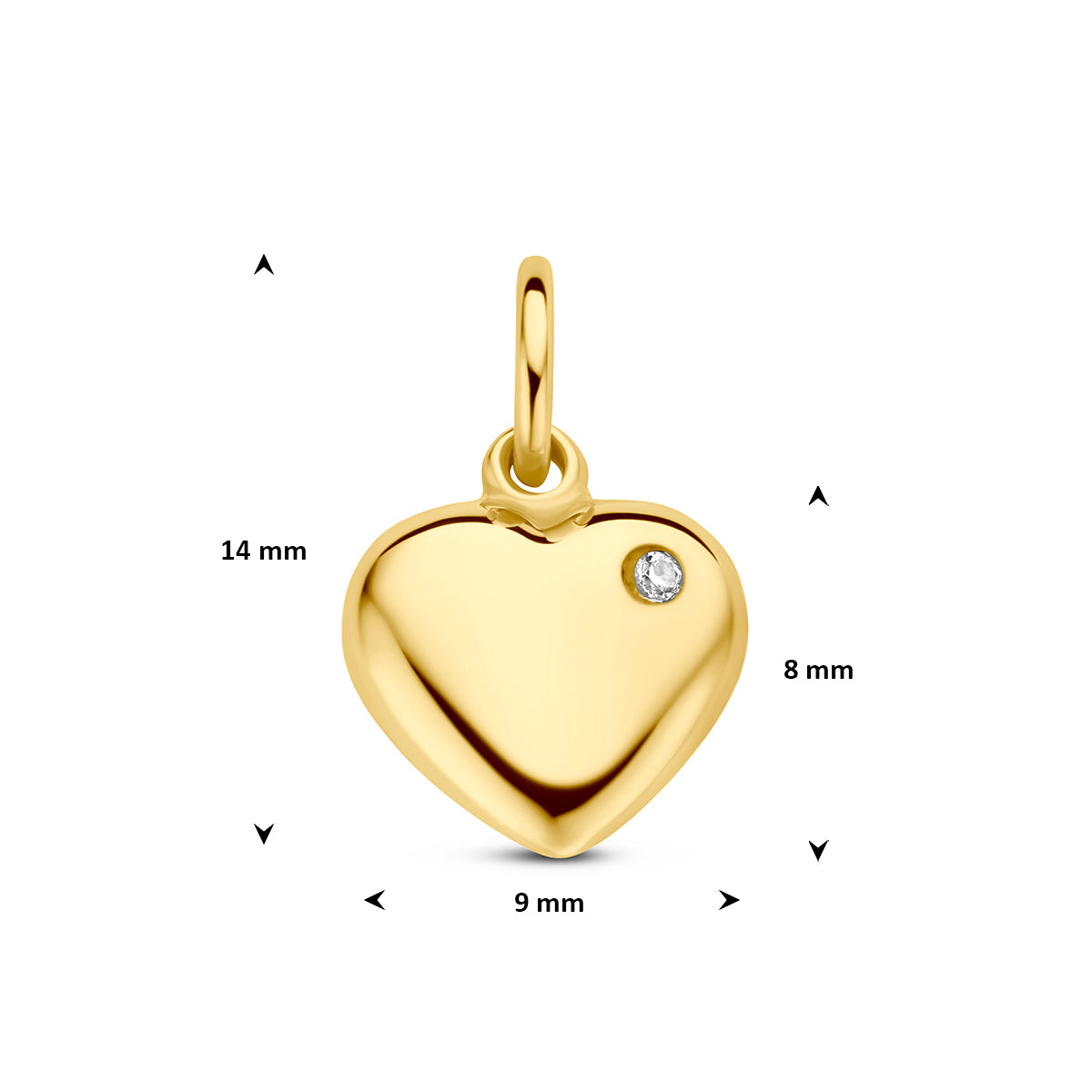 Hartje hanger: afmetingen van de 9 karaat geelkleurige hartje hanger met zirkonia, 14,0 mm hoog inclusief oog en 9,0 mm breed.