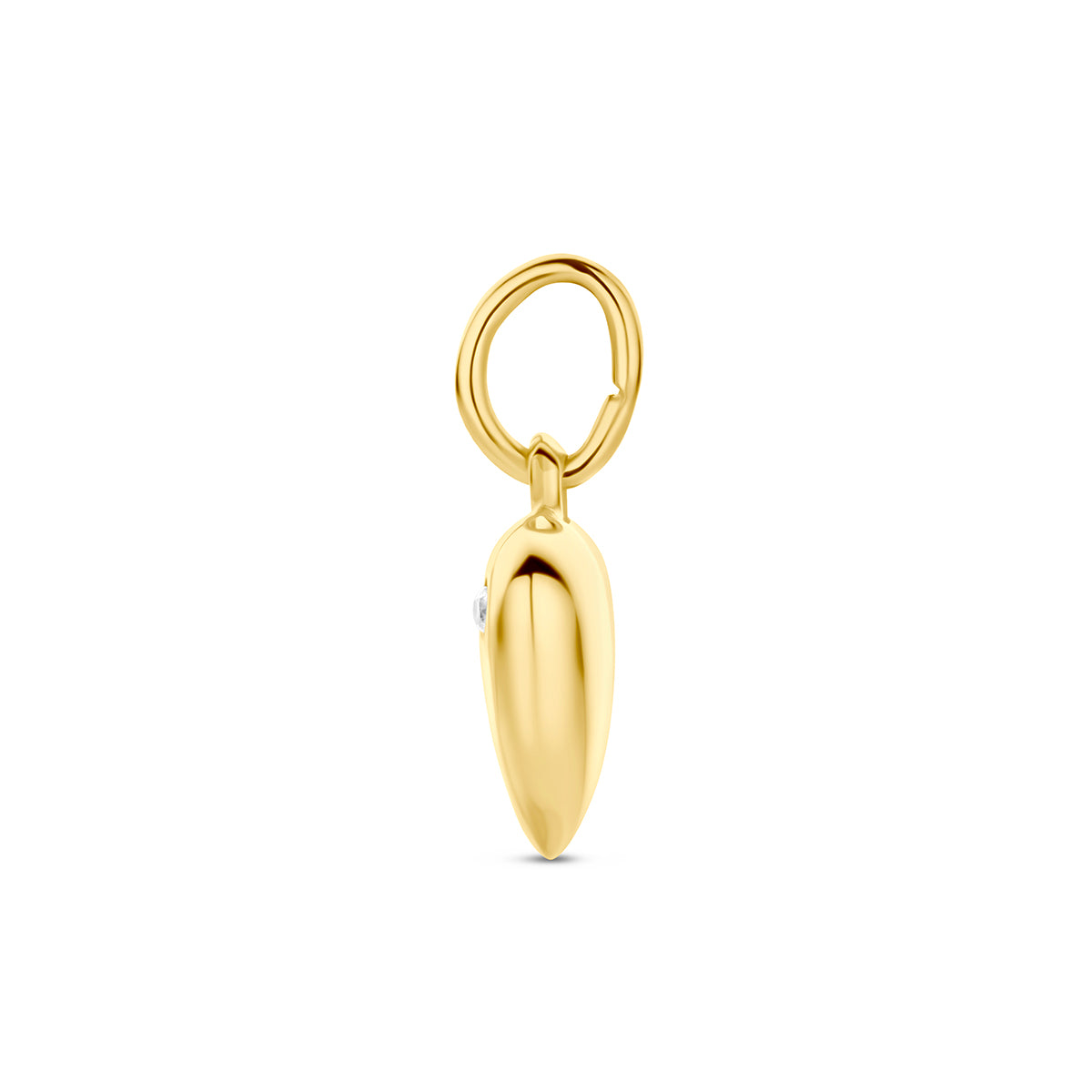 Hartje hanger: zijaanzicht van de 9 karaat geelkleurige hartje hanger met zirkonia.
