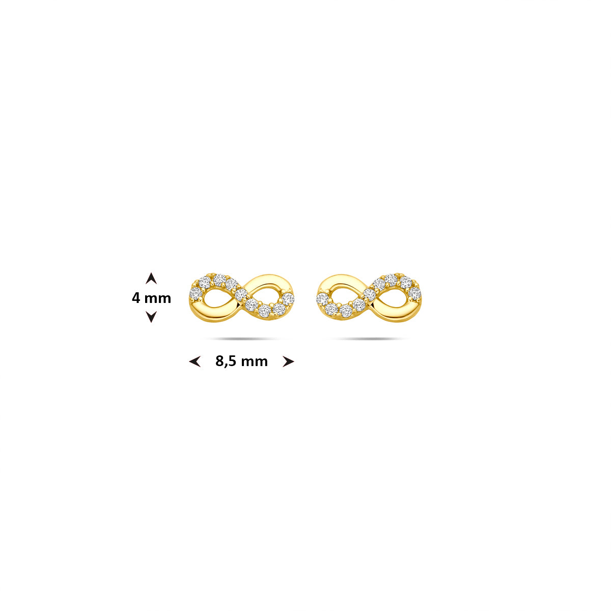 Technische afbeelding van de 9 karaat geelkleurige infinity oorknopjes met zirkonia met afmetingen, 4 mm hoog en 8,5 mm breed.