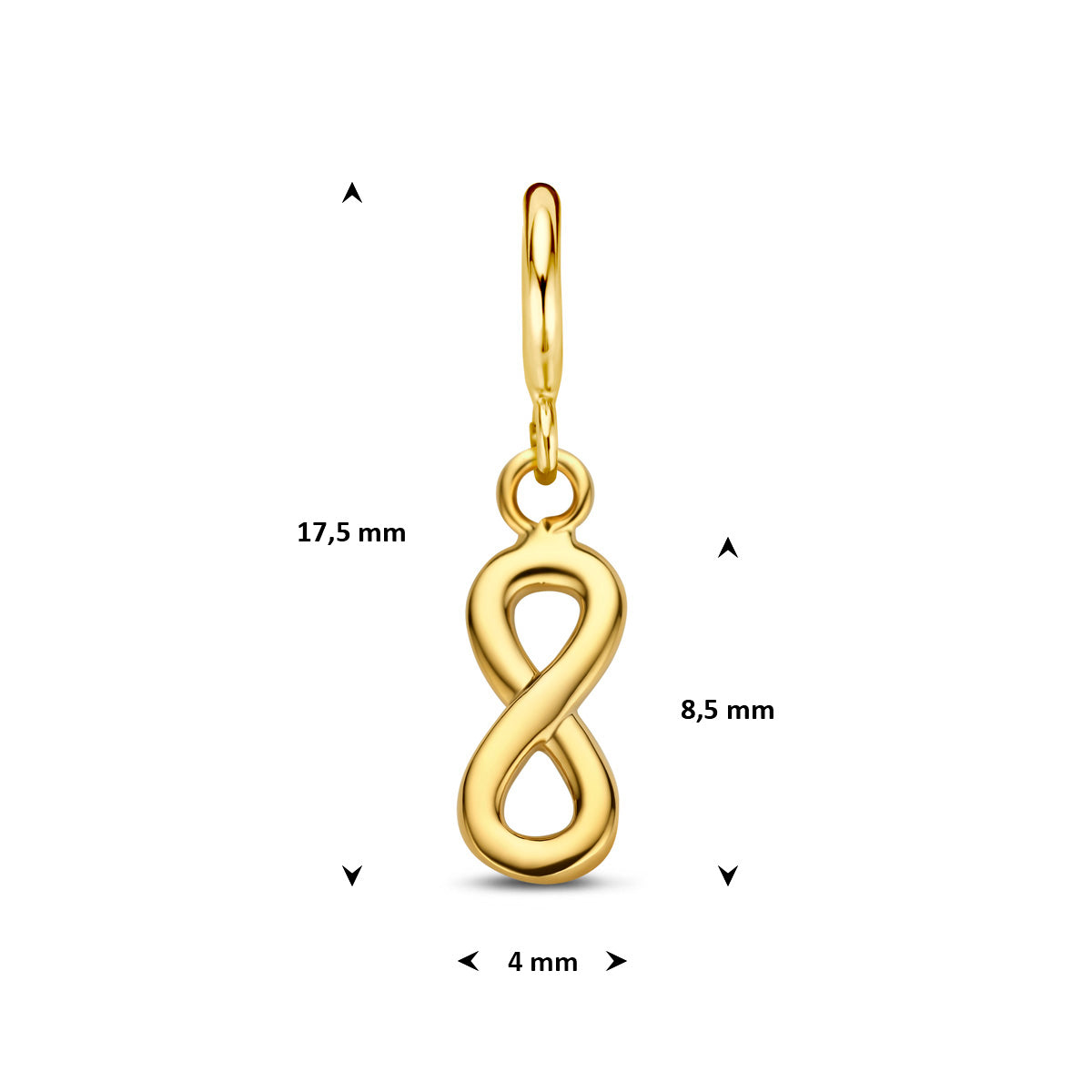 Infinity bedel: afmetingen van de 9 karaat geelkleurige infinity slotbedel, 17,5 mm hoog inclusief oog en 4,0 mm breed.