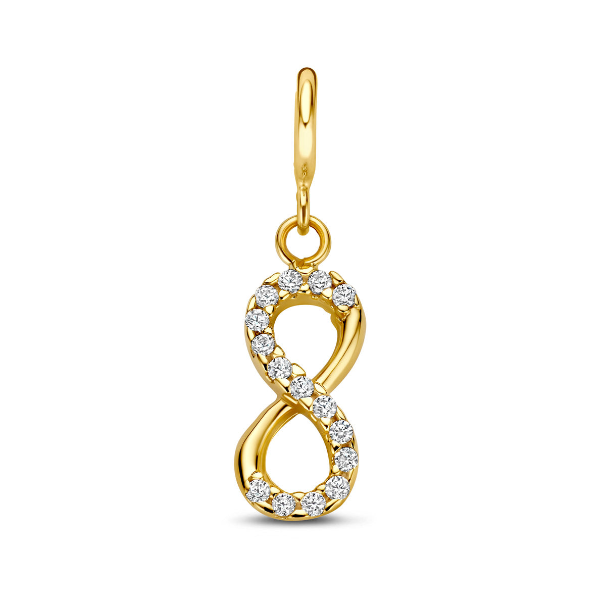 Infinity bedel: vooraanzicht van de 9 karaat geelkleurige infinity slotbedel met zirkonia.
