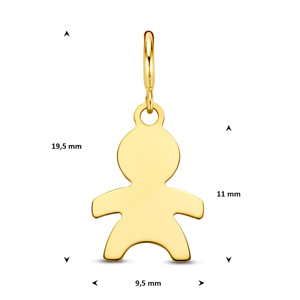 Bedel jongen: afmetingen van de 9 karaat geelkleurige jongen slotbedel, 19,5 mm hoog inclusief oog en 9,5 mm breed.