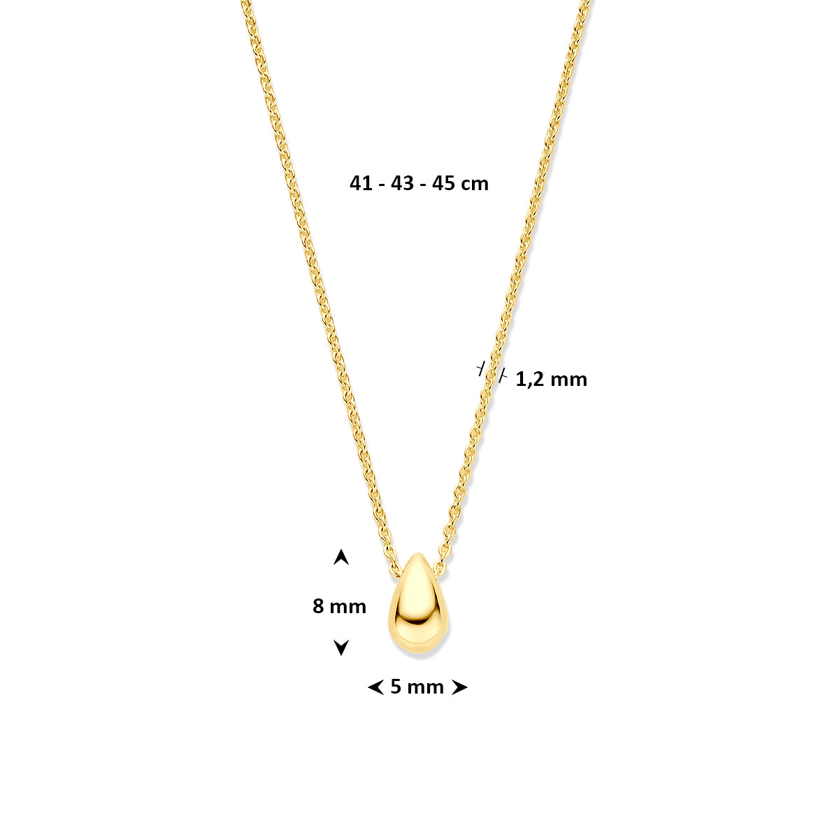 9 karaat ketting: afmetingen van de 9 karaat geelkleurige ketting met druppel, hanger van 8,0 mm en lengte 41 - 43 - 45 cm (verstelbaar).