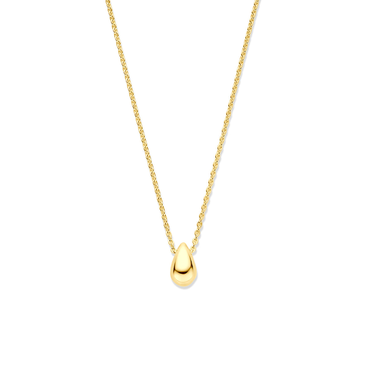 9 karaat ketting: vooraanzicht van de 9 karaat geelkleurige ketting met druppel.