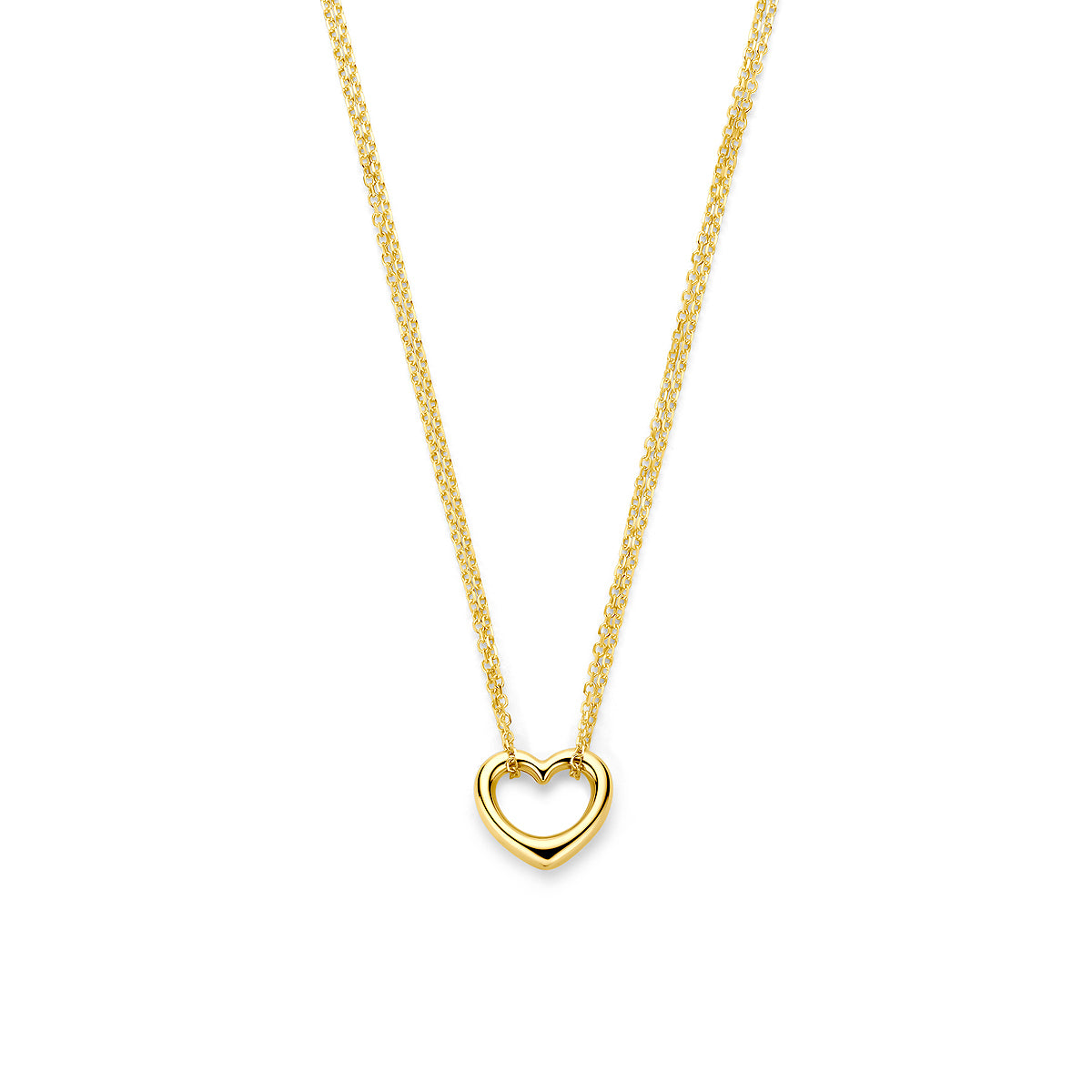 Vooraanzicht van de geelkleurige ketting met hartje van 9 karaat.