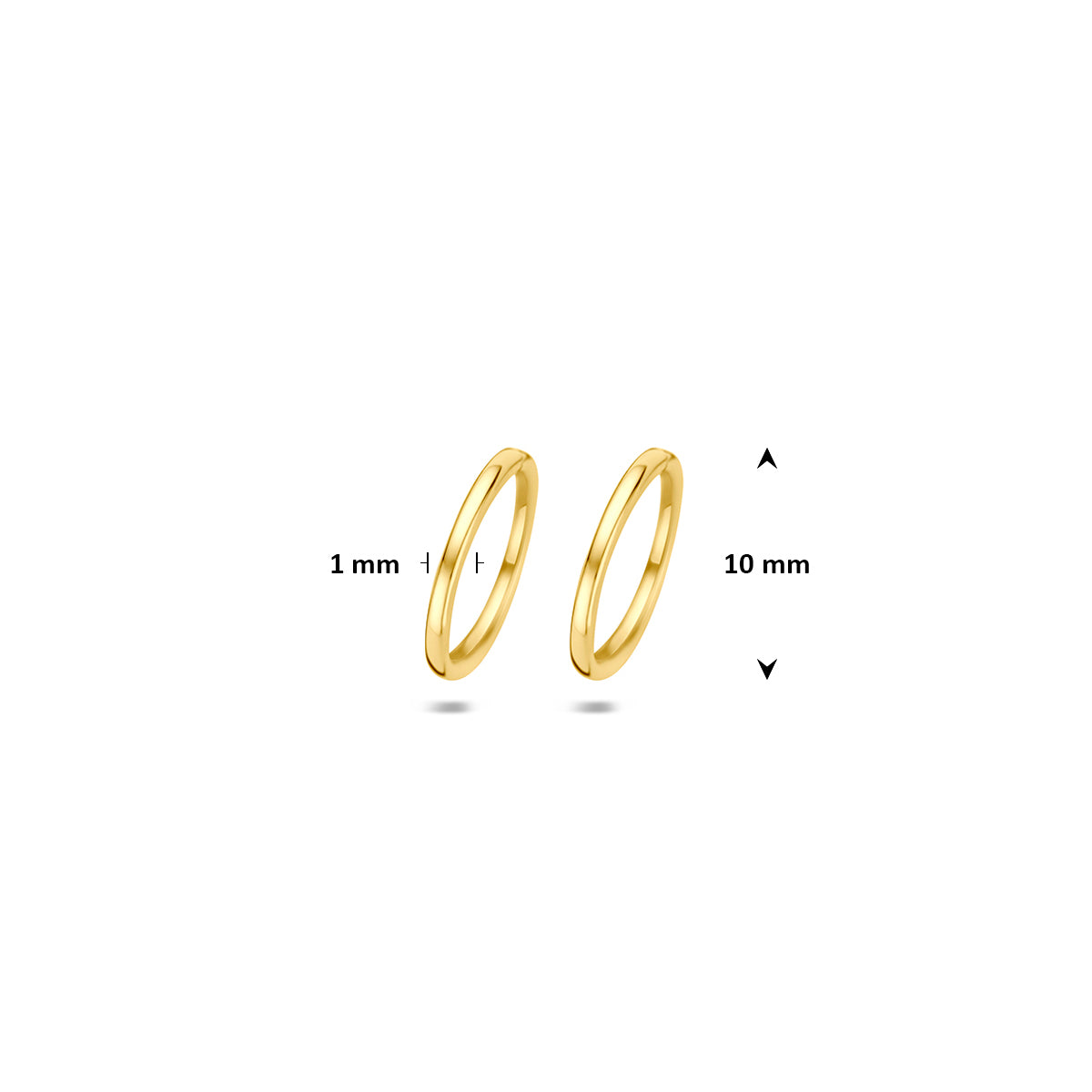 Klapoorringen: afmetingen van de 9 karaat geelkleurige klapoorringen, doorsnee 10,0 mm, 10,0 mm doorsnee.