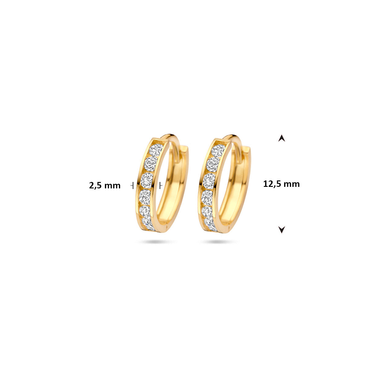 Afmetingen van de geelkleurige klapoorringen met zirkonia van 9 karaat: 12,5 mm doorsnee en 2,5 mm breed.