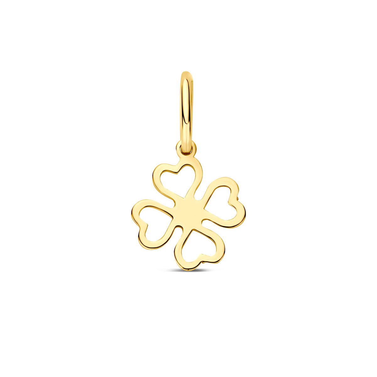 Vooraanzicht van de geelkleurige klavertje hanger van 9 karaat.
