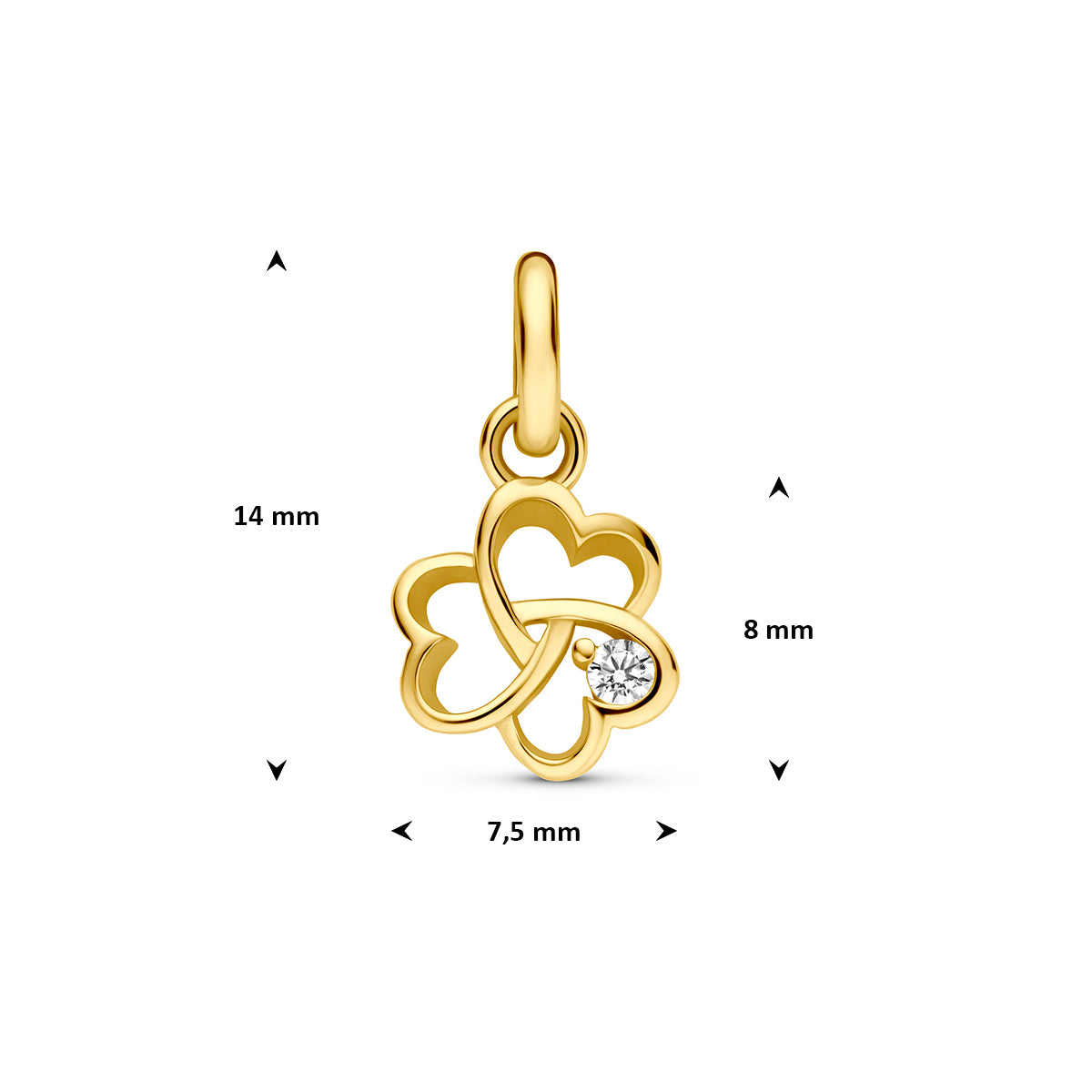 Klavertje vier hanger: afmetingen van de 9 karaat geelkleurige klavertje hanger met zirkonia, 14,0 mm hoog inclusief oog en 7,5 mm breed.