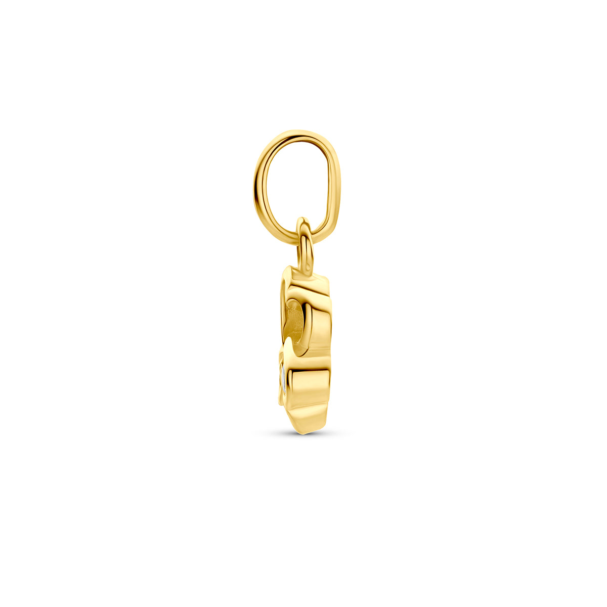Klavertje vier hanger: zijaanzicht van de 9 karaat geelkleurige klavertje hanger met zirkonia.