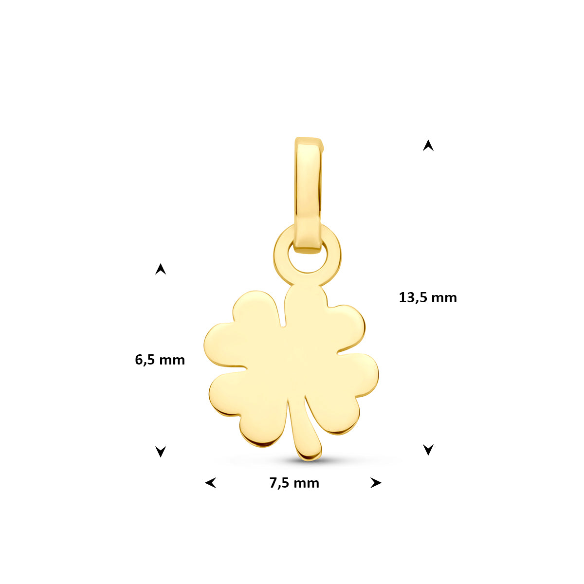 Klavertje vier hanger: afmetingen van de geelkleurige klavertje vier hanger van 9 karaat, 13,5 mm hoog inclusief oog en 7,5 mm breed.