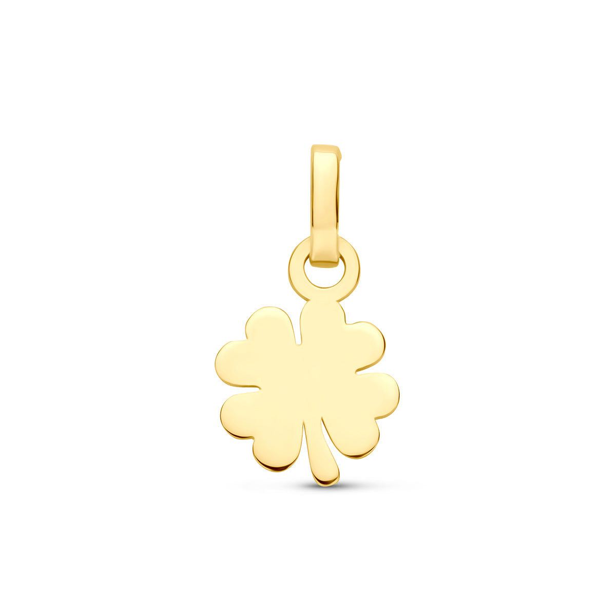 Klavertje vier hanger: vooraanzicht van de geelkleurige klavertje vier hanger van 9 karaat.