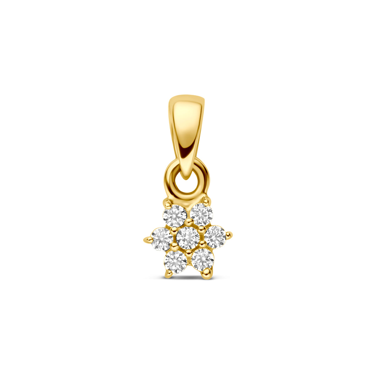Vooraanzicht van de 9 karaat geelkleurige kleine hanger met zirkonia, 10 mm hoog en 5 mm breed.
