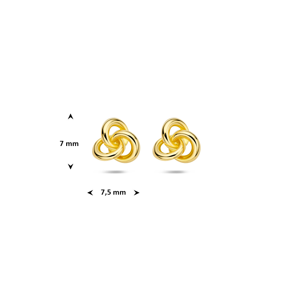 Technische afbeelding van de 9 karaat geelkleurige knoop oorknopjes met afmetingen, 7 mm hoog en 7,5 mm breed.