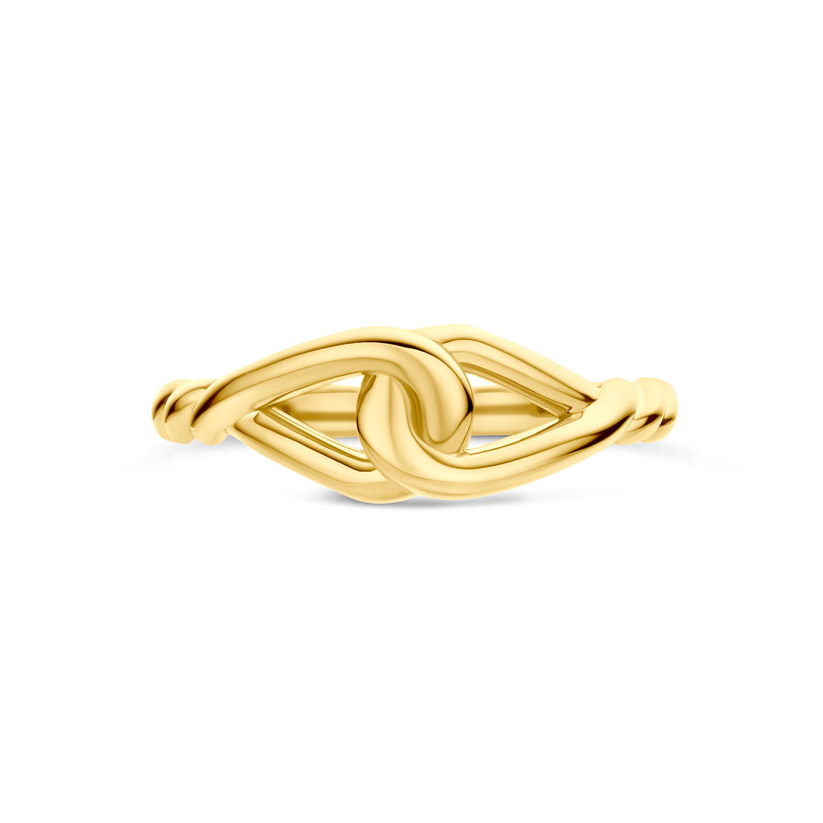 9 karaat ring: bovenaanzicht van de 9 karaat geelkleurige knoop ring.