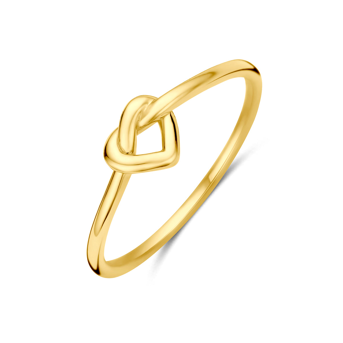 9 karaat ring: schuin bovenaanzicht van de 9 karaat geelkleurige knoop ring met hartje.