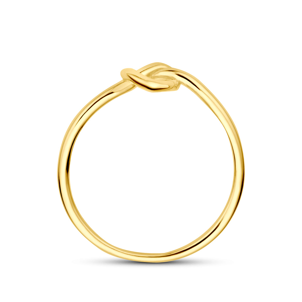 9 karaat ring: zijaanzicht van de 9 karaat geelkleurige knoop ring met hartje.