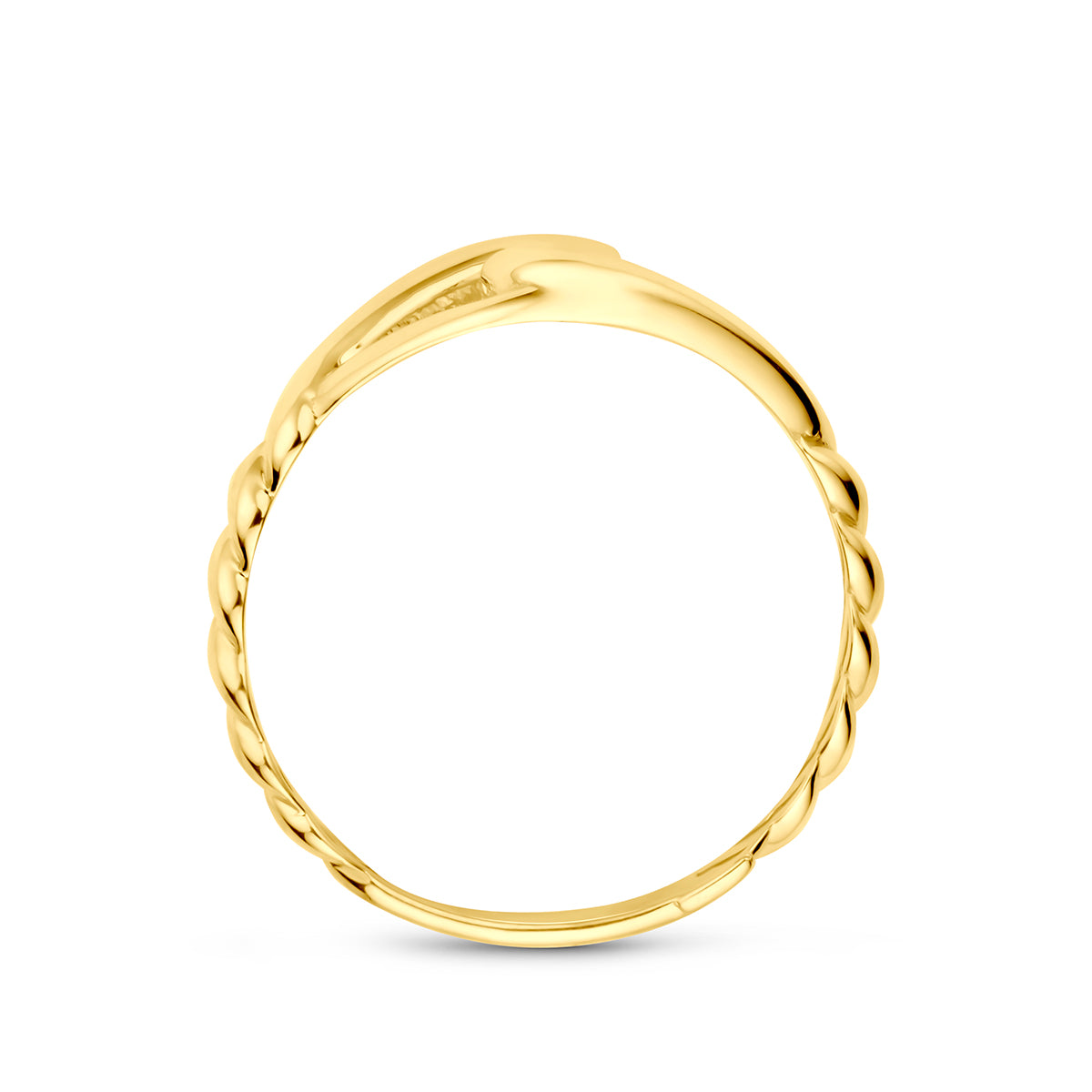9 karaat ring: zijaanzicht van de 9 karaat geelkleurige knoop ring.