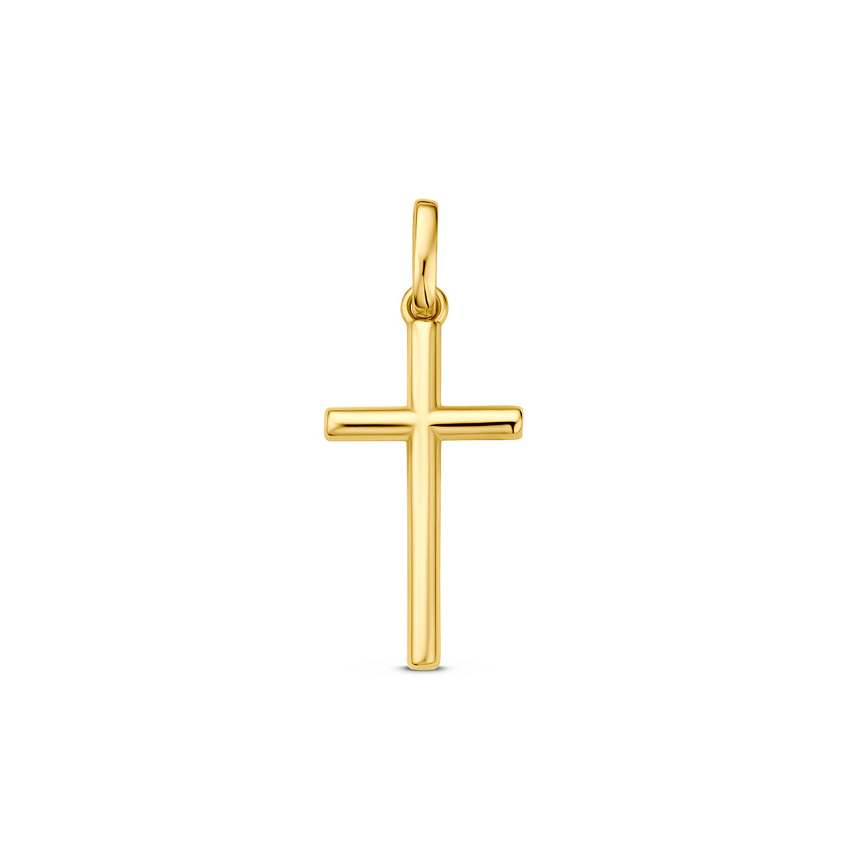 Vooraanzicht van de geelkleurige kruis hanger van 9 karaat.