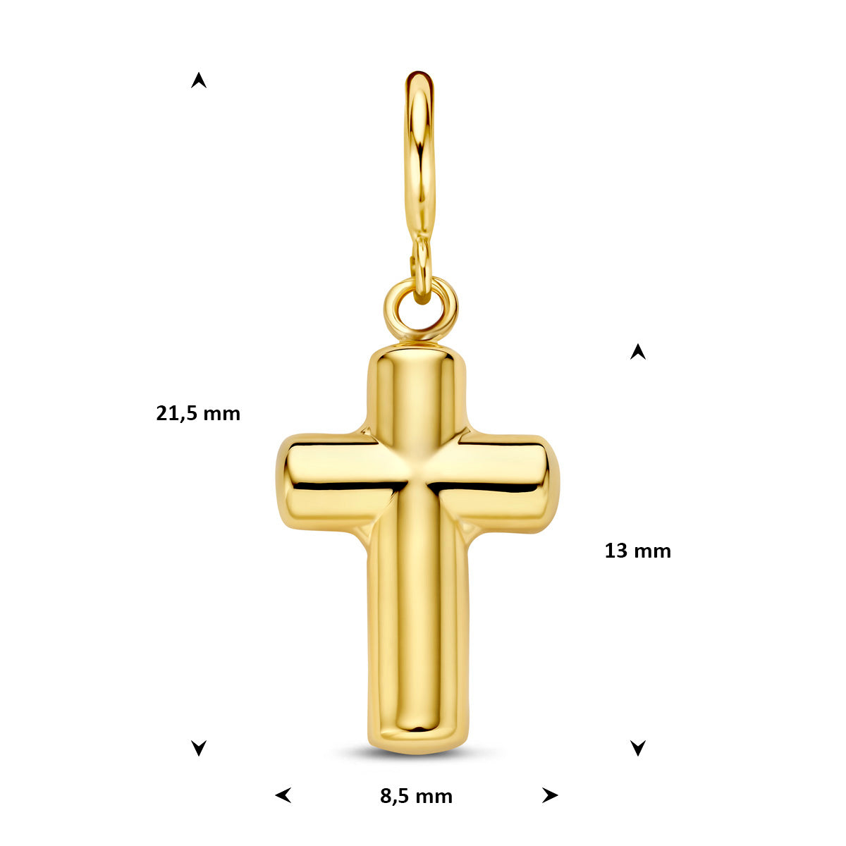 Kruisje bedel: afmetingen van de 9 karaat geelkleurige kruis slotbedel, 21,5 mm hoog inclusief oog en 8,5 mm breed.