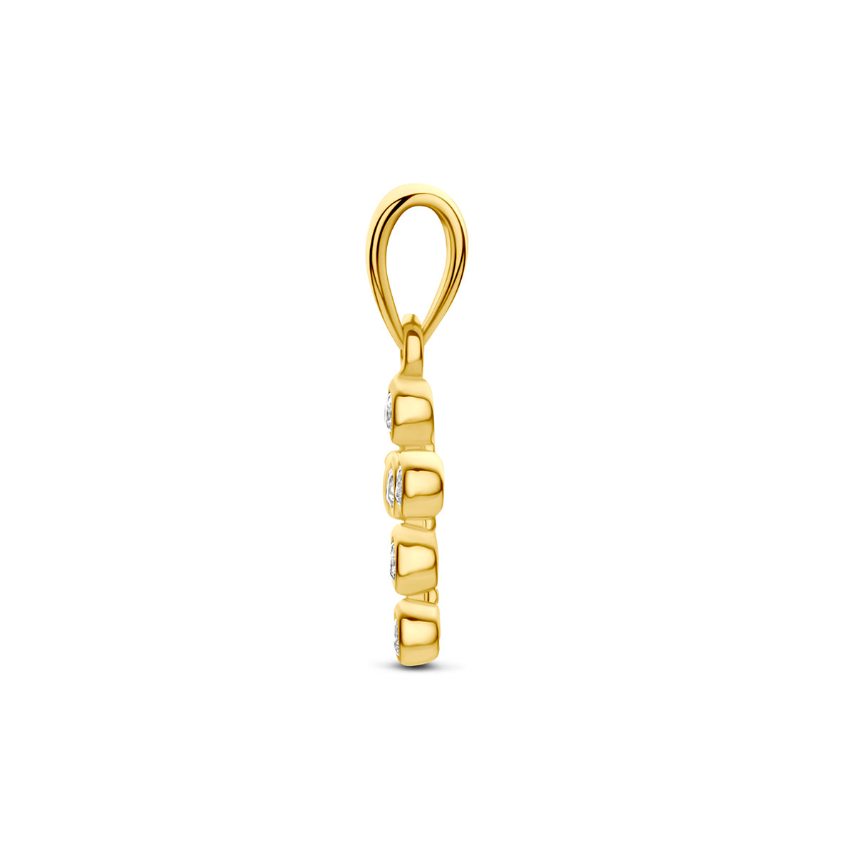 Kruisje hanger: zijaanzicht van de 9 karaat geelkleurige kruisje hanger met zirkonia.