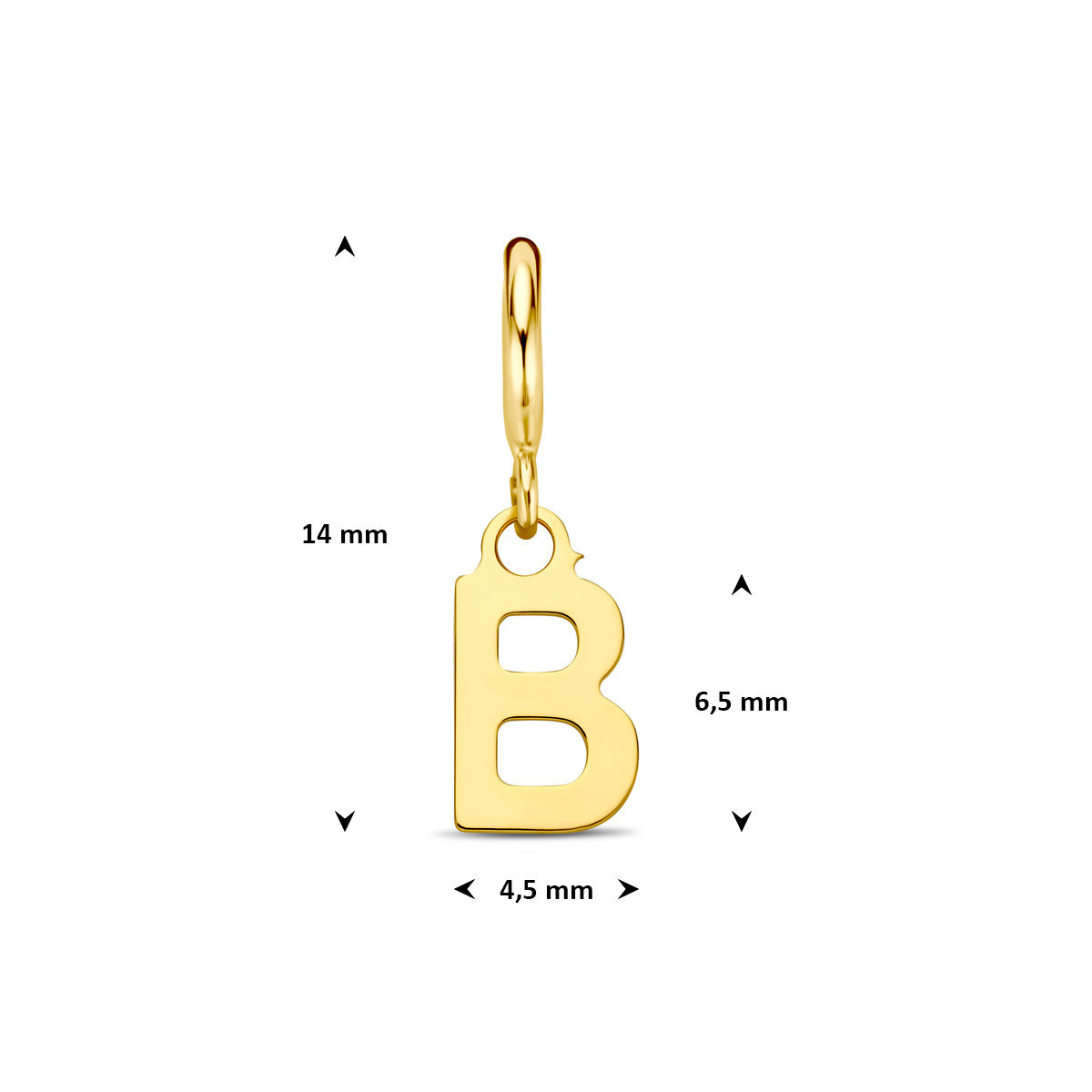 Letter bedel: afmetingen van de 9 karaat geelkleurige letter slotbedel, letter B, 14,0 mm hoog inclusief oog en 4,5 mm breed.