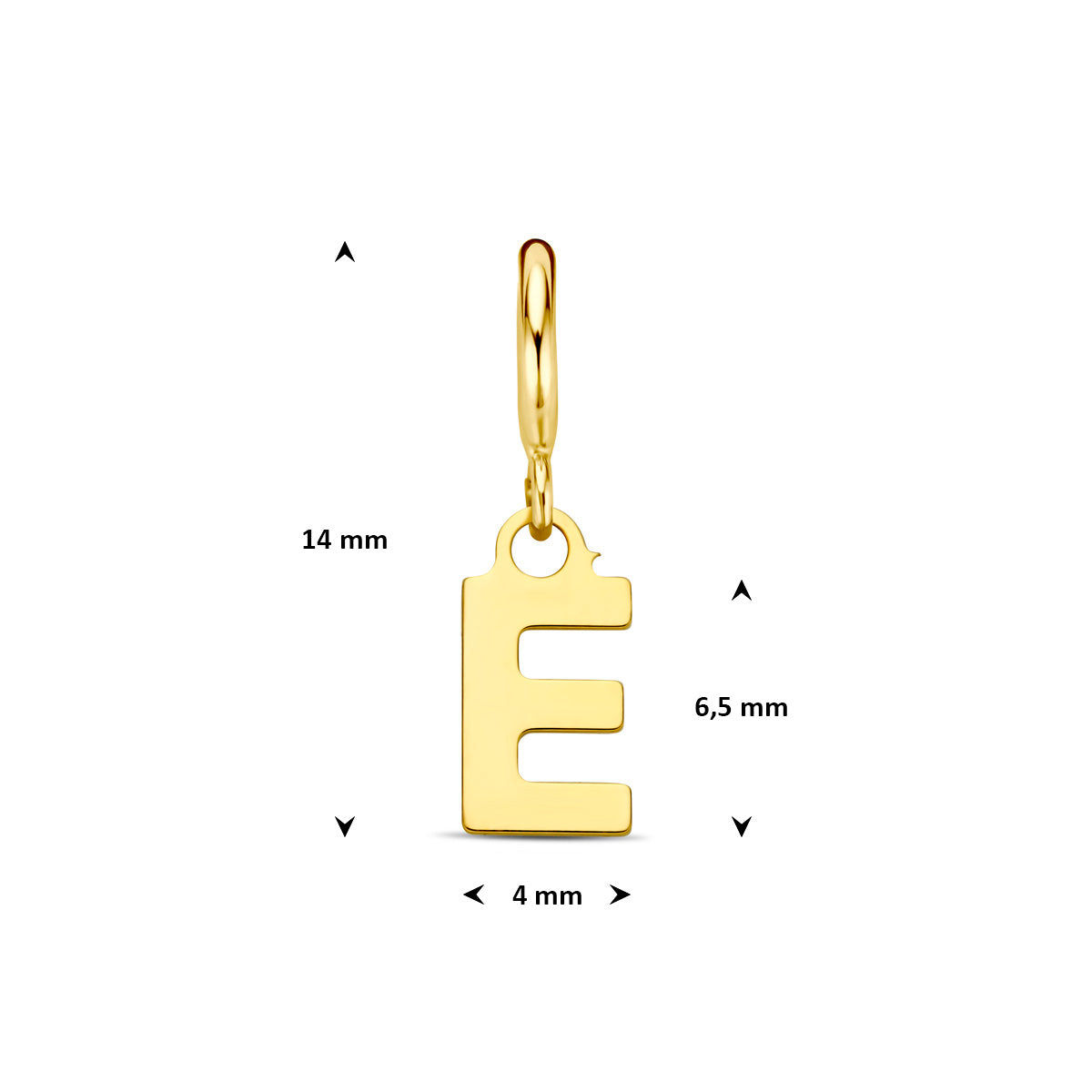 Letter bedel: afmetingen van de 9 karaat geelkleurige letter slotbedel, letter E, 14,0 mm hoog inclusief oog en 4,0 mm breed.