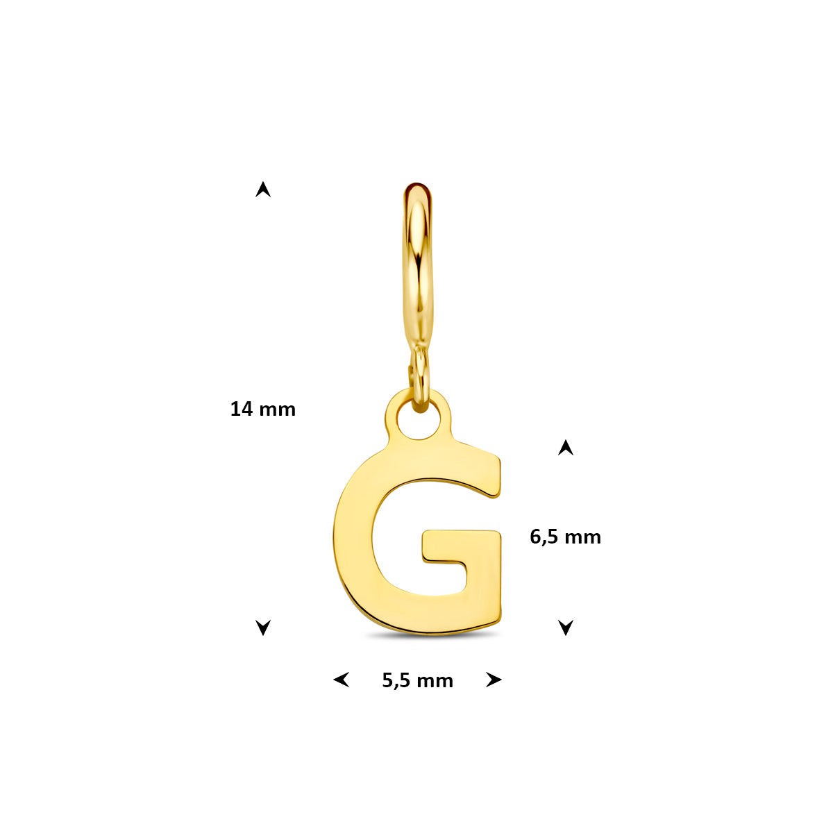 Letter bedel: afmetingen van de 9 karaat geelkleurige letter slotbedel, letter G, 14,0 mm hoog inclusief oog en 5,5 mm breed.