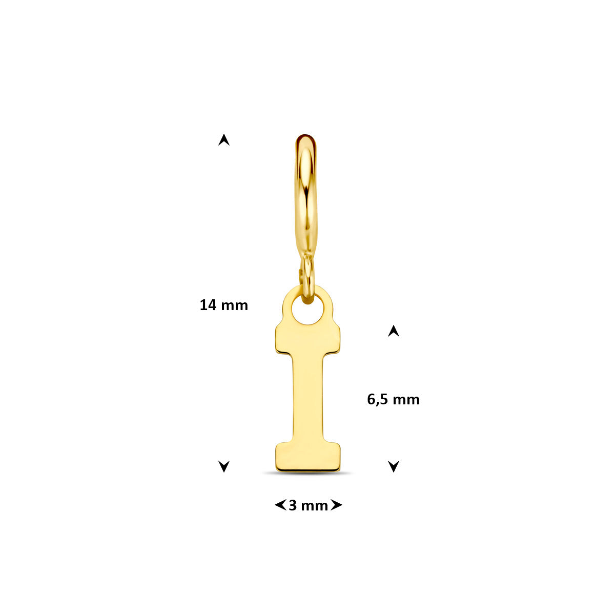 Letter bedel: afmetingen van de 9 karaat geelkleurige letter slotbedel, letter I, 14,0 mm hoog inclusief oog en 3,0 mm breed.