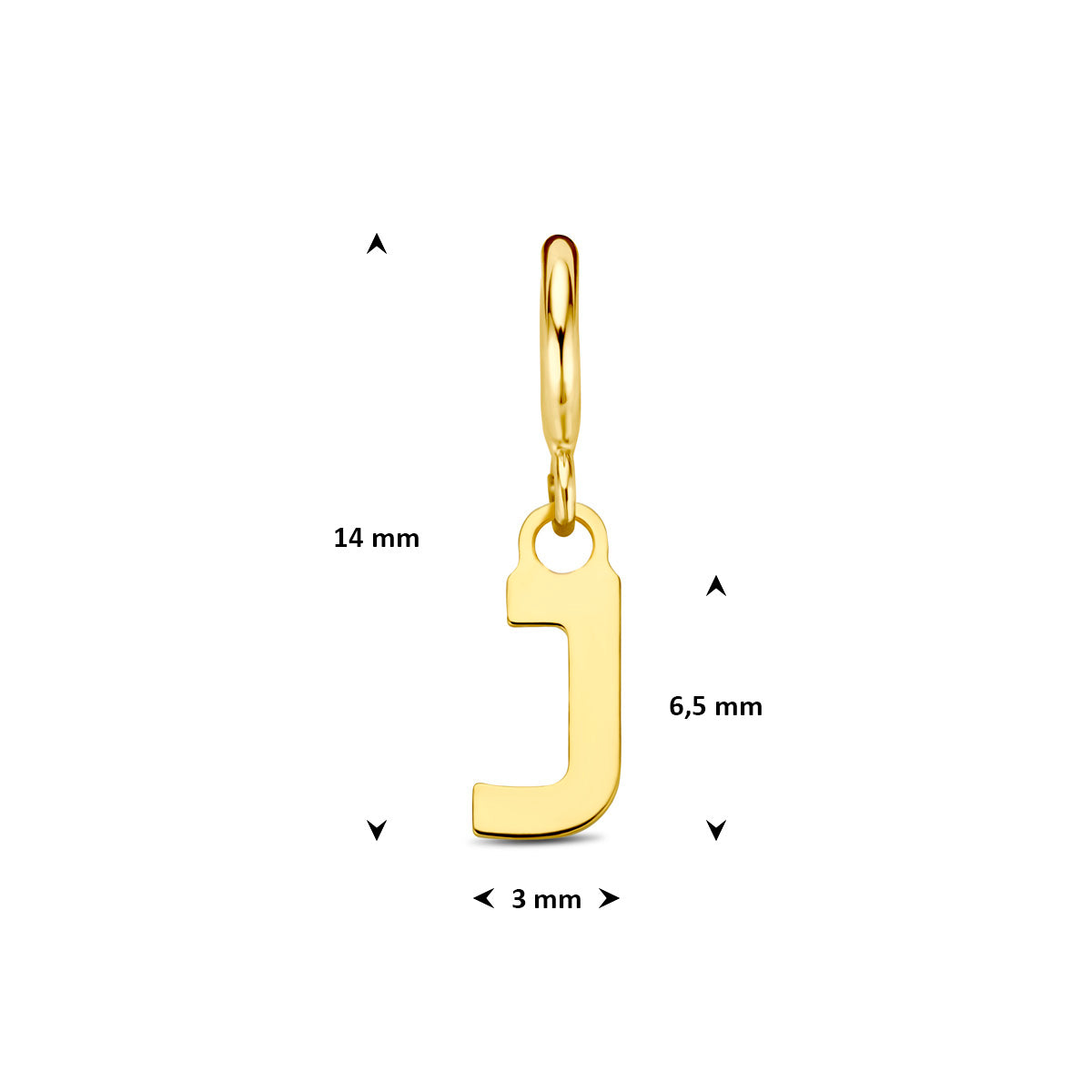 Letter bedel: afmetingen van de 9 karaat geelkleurige letter slotbedel, letter J, 14,0 mm hoog inclusief oog en 3,0 mm breed.