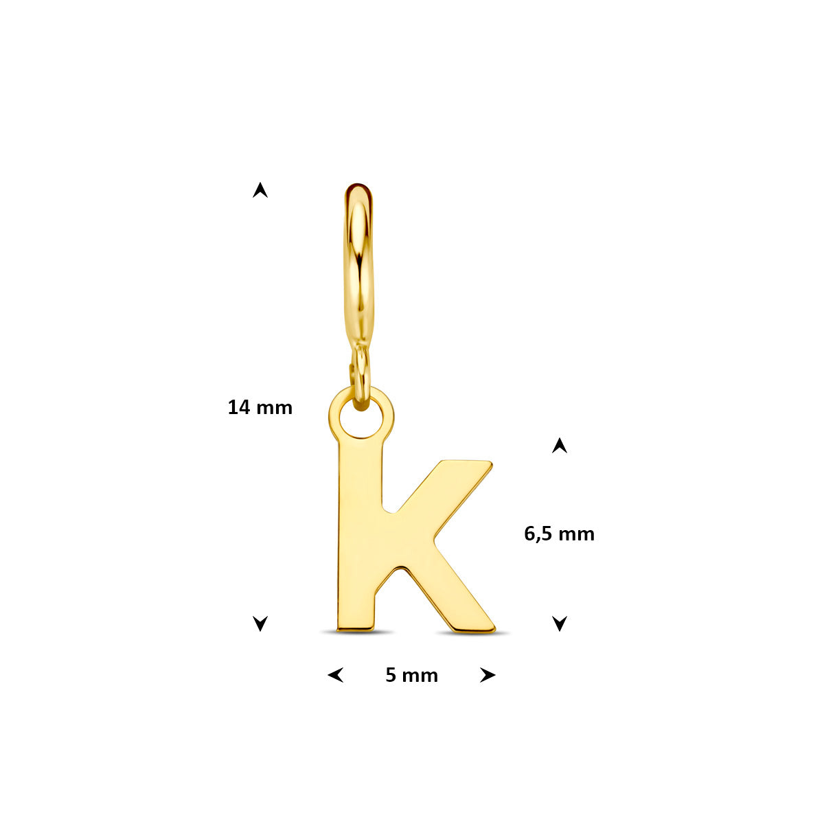 Letter bedel: afmetingen van de 9 karaat geelkleurige letter slotbedel, letter K, 14,0 mm hoog inclusief oog en 5,0 mm breed.