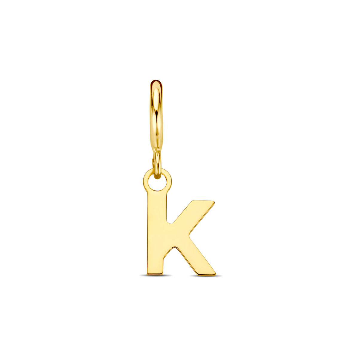 Letter bedel: vooraanzicht van de 9 karaat geelkleurige letter slotbedel, letter K.