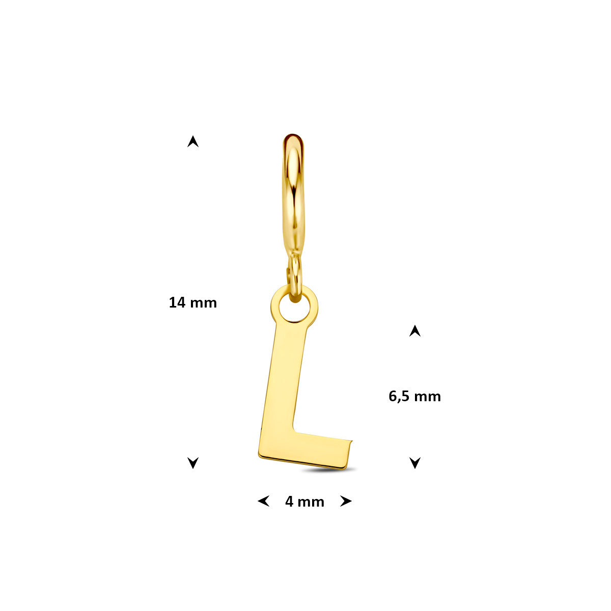 Letter bedel: afmetingen van de 9 karaat geelkleurige letter slotbedel, letter L, 14,0 mm hoog inclusief oog en 4,0 mm breed.