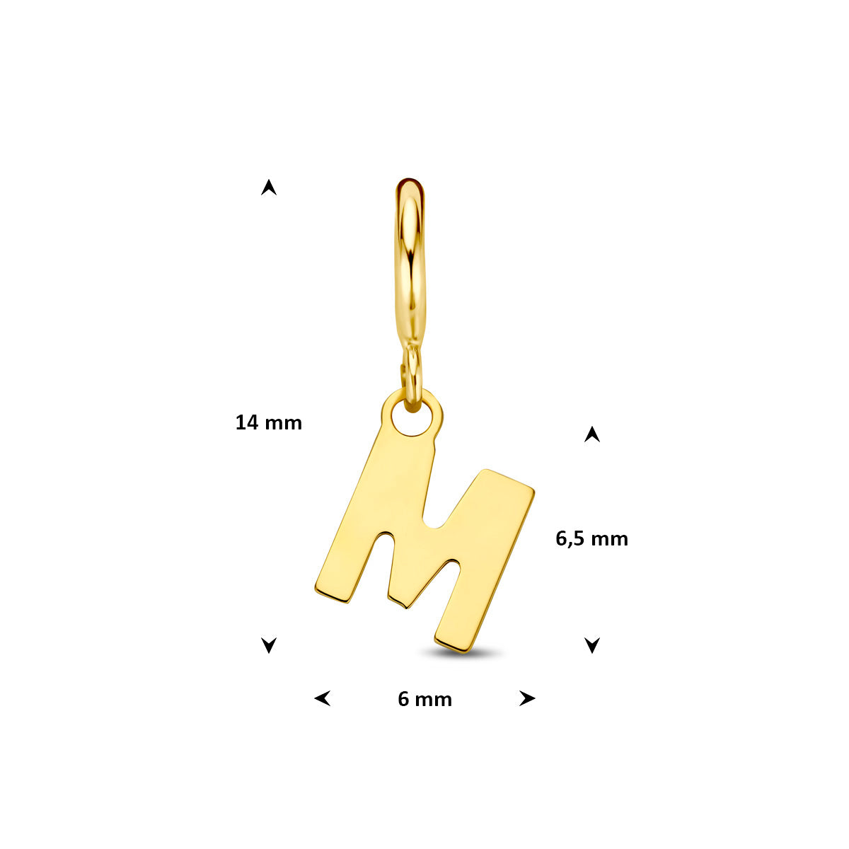 Letter bedel: afmetingen van de 9 karaat geelkleurige letter slotbedel, letter M, 14,0 mm hoog inclusief oog en 6,0 mm breed.