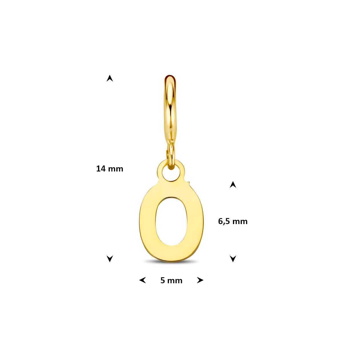 Letter bedel: afmetingen van de 9 karaat geelkleurige letter slotbedel, letter O, 14,0 mm hoog inclusief oog en 5,0 mm breed.