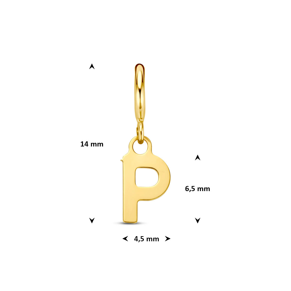 Letter bedel: afmetingen van de 9 karaat geelkleurige letter slotbedel, letter P, 14,0 mm hoog inclusief oog en 4,5 mm breed.