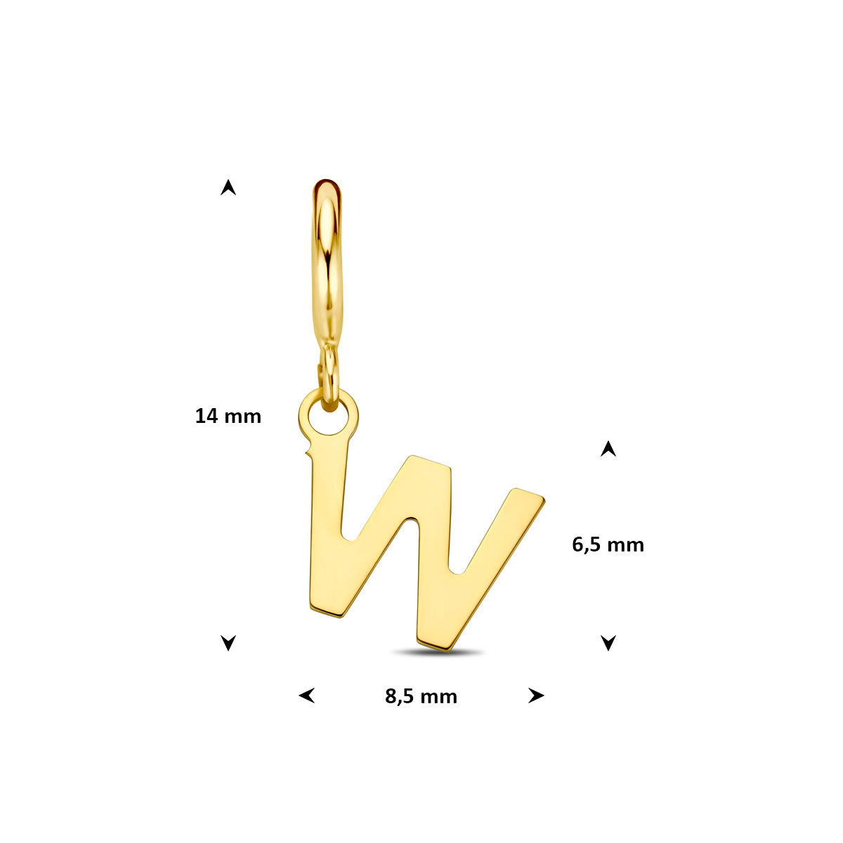Letter bedel: afmetingen van de 9 karaat geelkleurige letter slotbedel, letter W, 14,0 mm hoog inclusief oog en 8,5 mm breed.