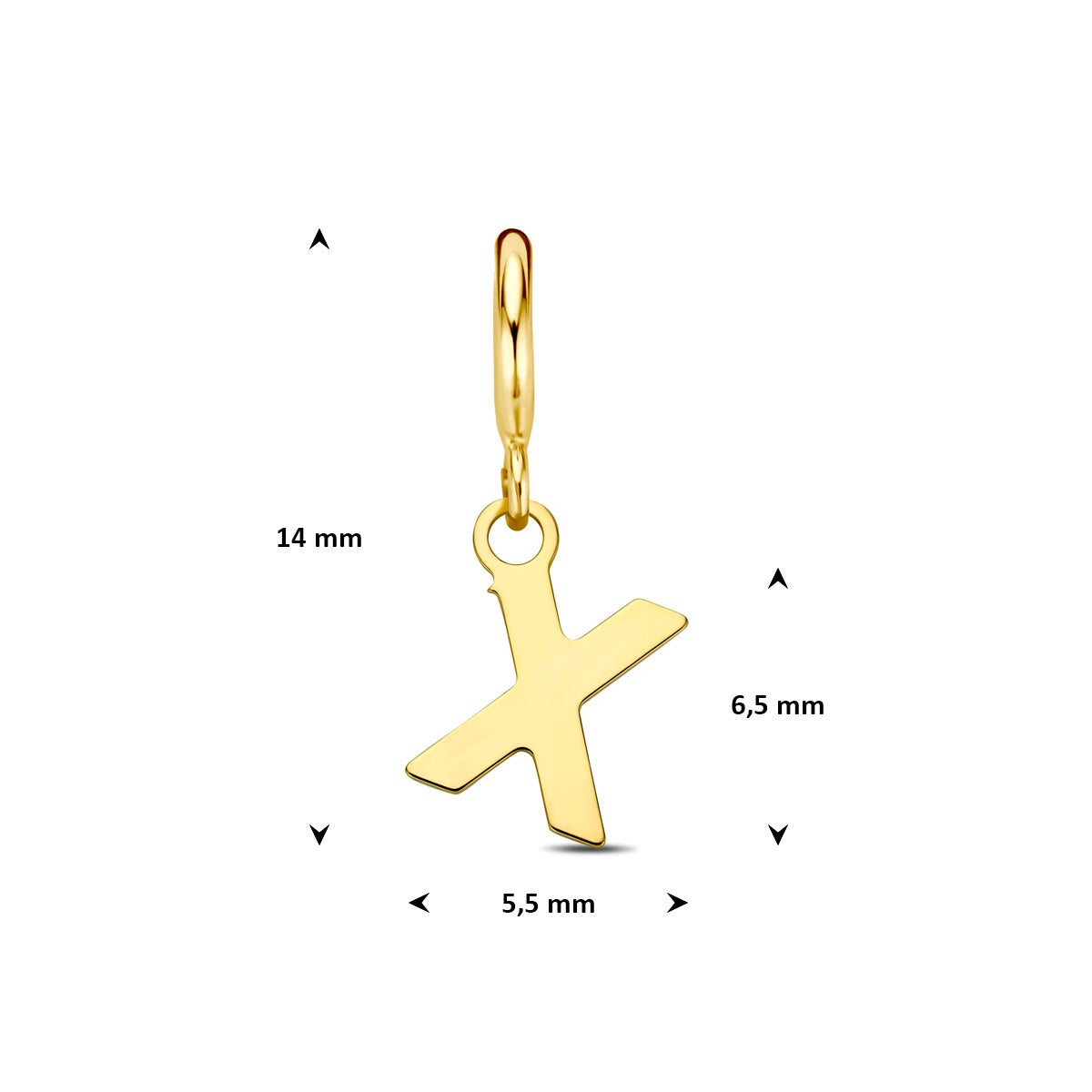 Letter bedel: afmetingen van de 9 karaat geelkleurige letter slotbedel, letter X, 14,0 mm hoog inclusief oog en 5,5 mm breed.