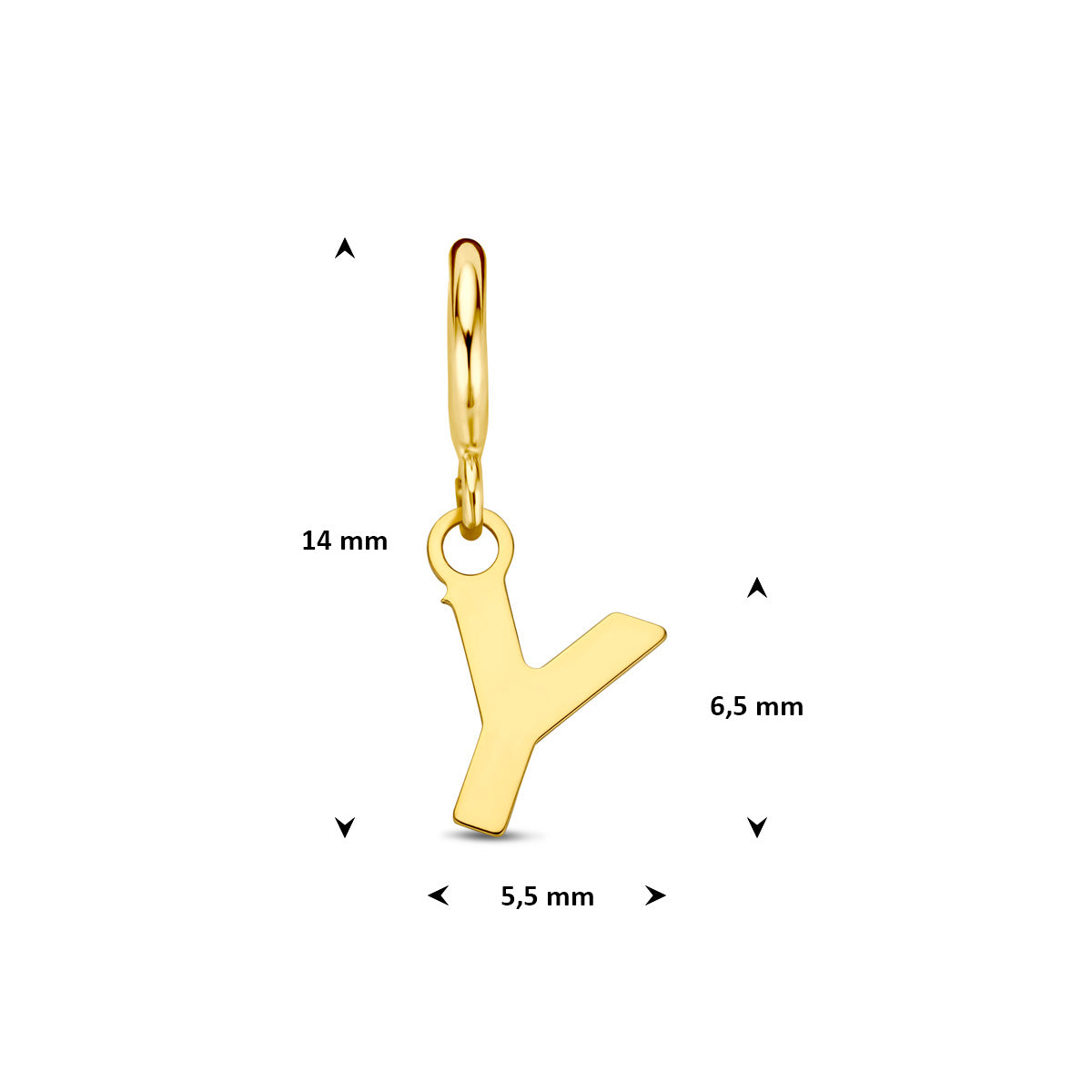 Letter bedel: afmetingen van de 9 karaat geelkleurige letter slotbedel, letter Y, 14,0 mm hoog inclusief oog en 5,5 mm breed.