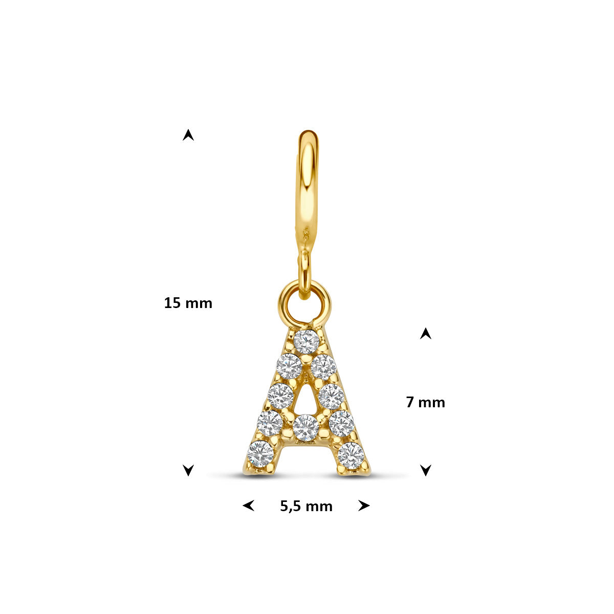 Letter bedel: afmetingen van de 9 karaat geelkleurige letter slotbedel met zirkonia, letter A, 15,0 mm hoog inclusief oog en 5,5 mm breed.