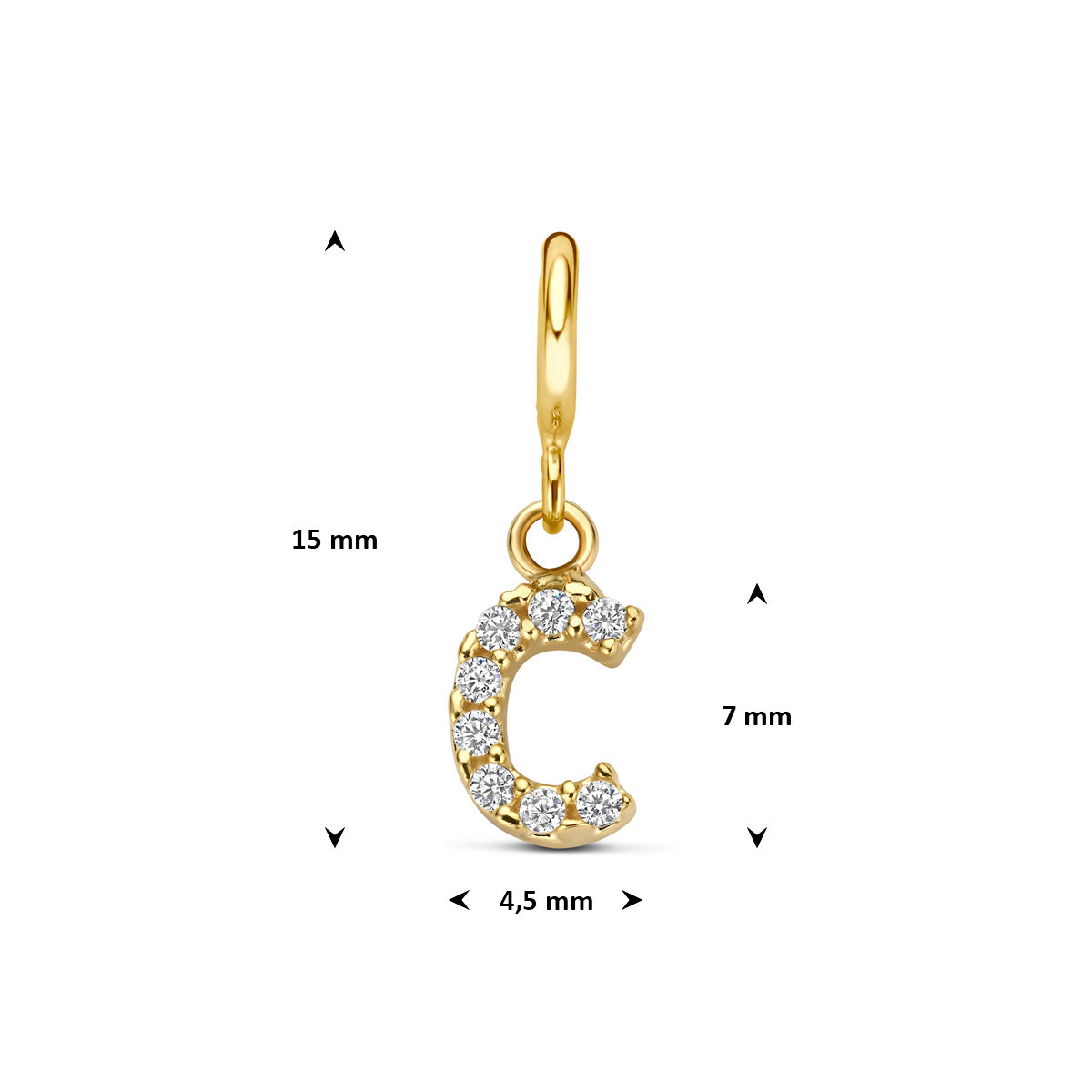 Letter bedel: afmetingen van de 9 karaat geelkleurige letter slotbedel met zirkonia, letter C, 15,0 mm hoog inclusief oog en 4,5 mm breed.