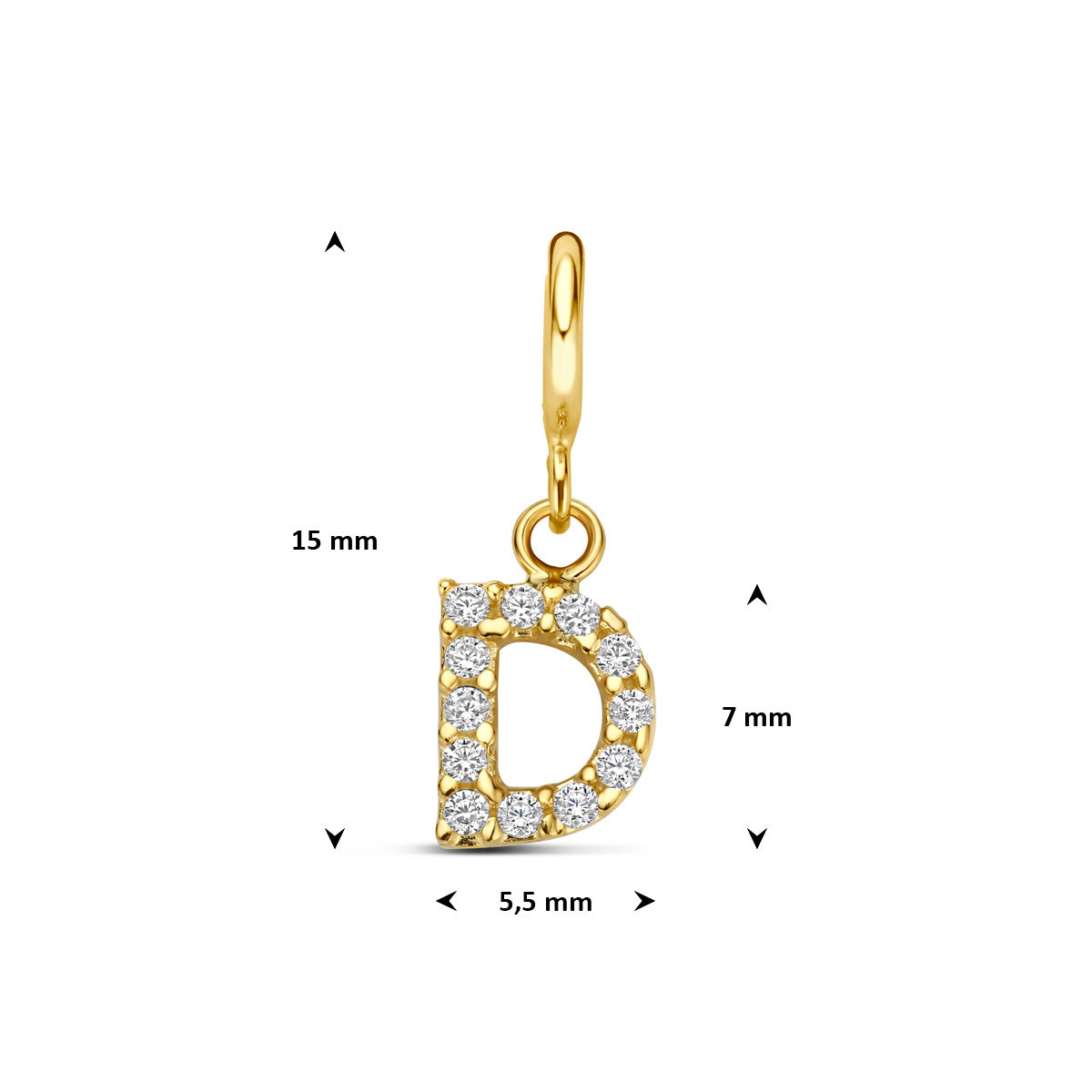 Letter bedel: afmetingen van de 9 karaat geelkleurige letter slotbedel met zirkonia, letter D, 15,0 mm hoog inclusief oog en 5,5 mm breed.