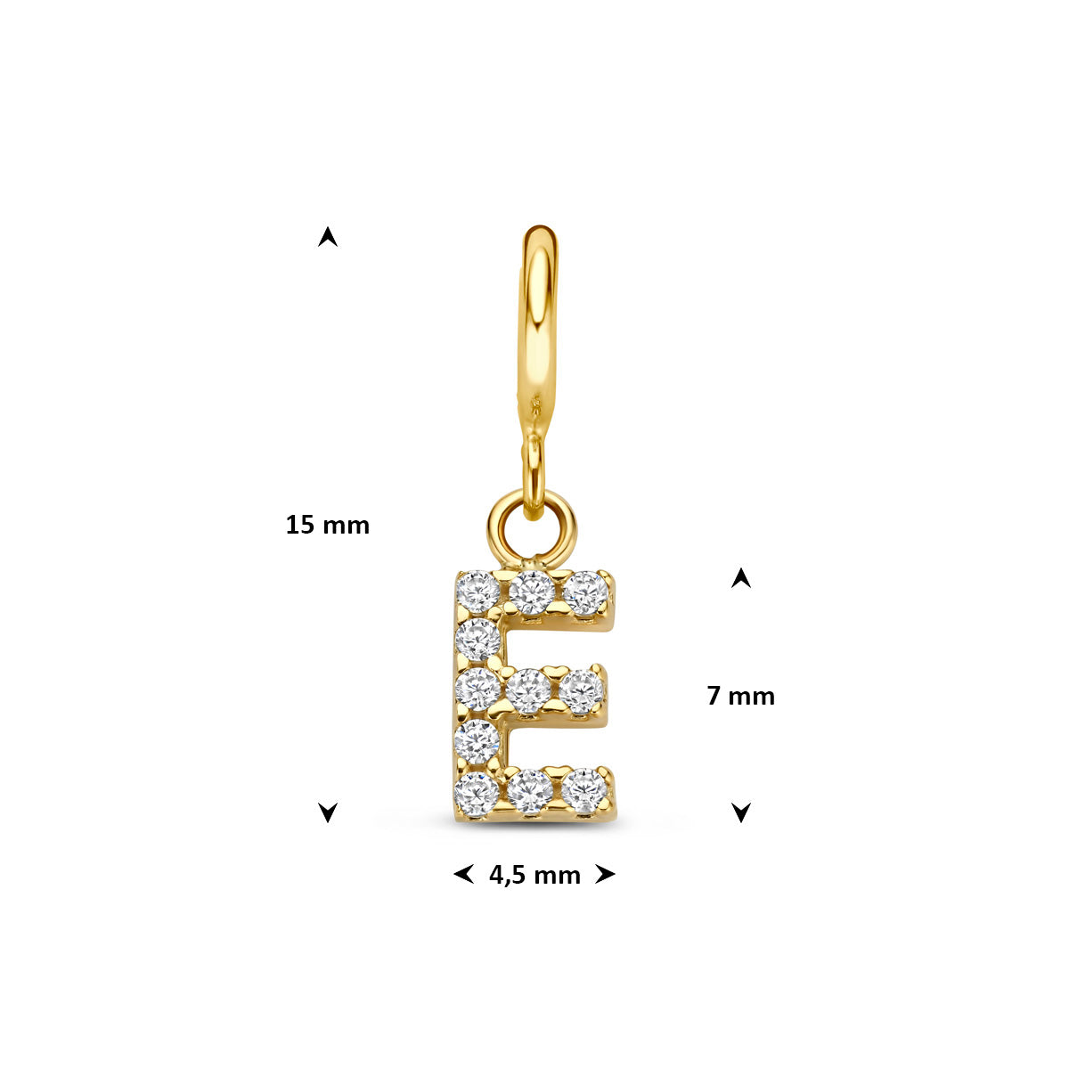 Letter bedel: afmetingen van de 9 karaat geelkleurige letter slotbedel met zirkonia, letter E, 15,0 mm hoog inclusief oog en 4,5 mm breed.