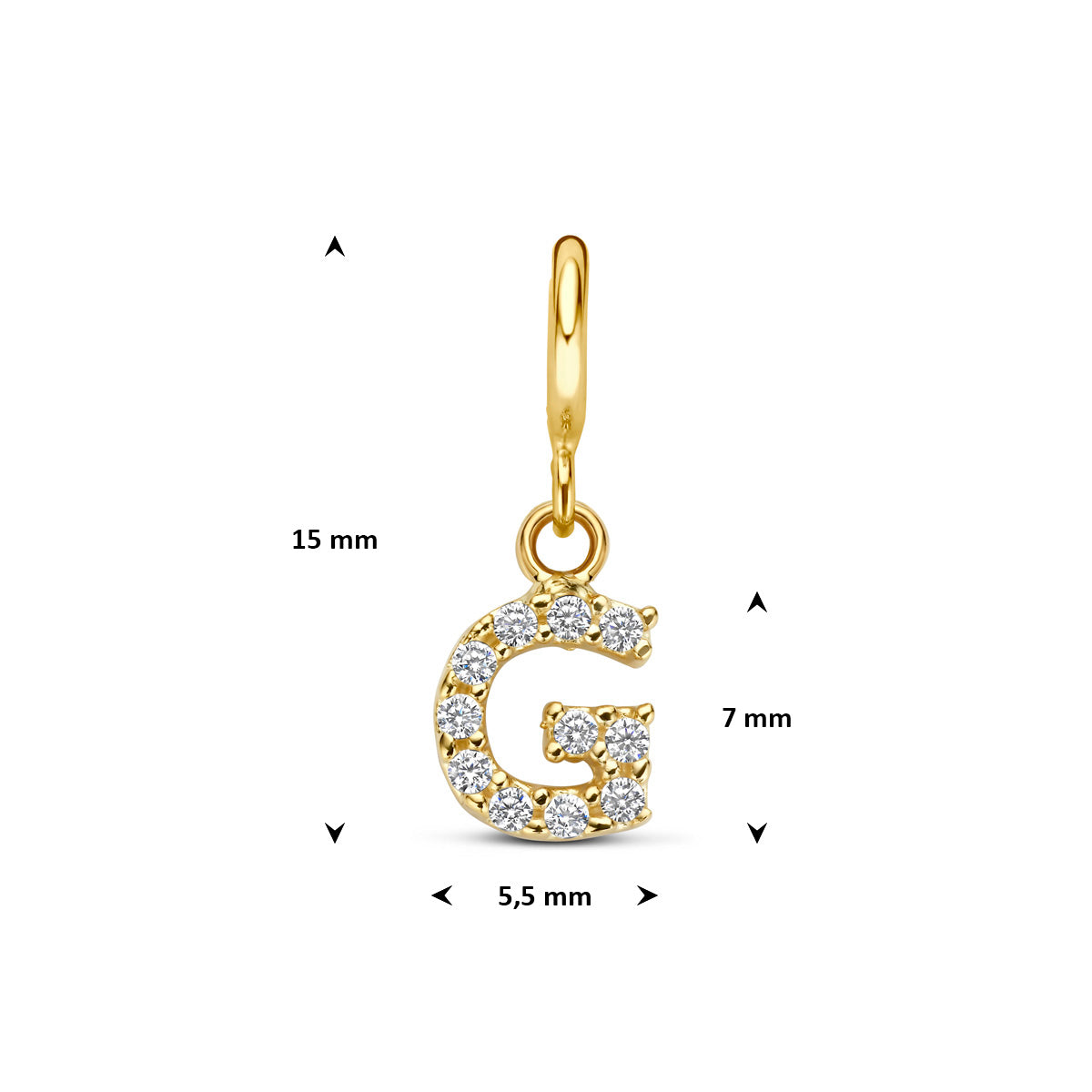 Letter bedel: afmetingen van de 9 karaat geelkleurige letter slotbedel met zirkonia, letter G, 15,0 mm hoog inclusief oog en 5,5 mm breed.